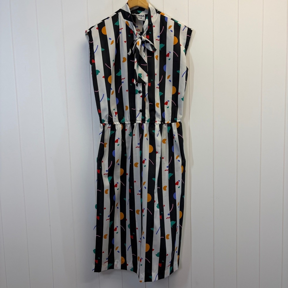Vintage Melissa Lane 80s Memphis Design Midi Dress Women Size L Retro Pop Mod